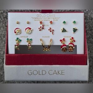 GOLD CAKE Christmas Sterling Silver Mini Earrings, Brand New, 9 Pairs